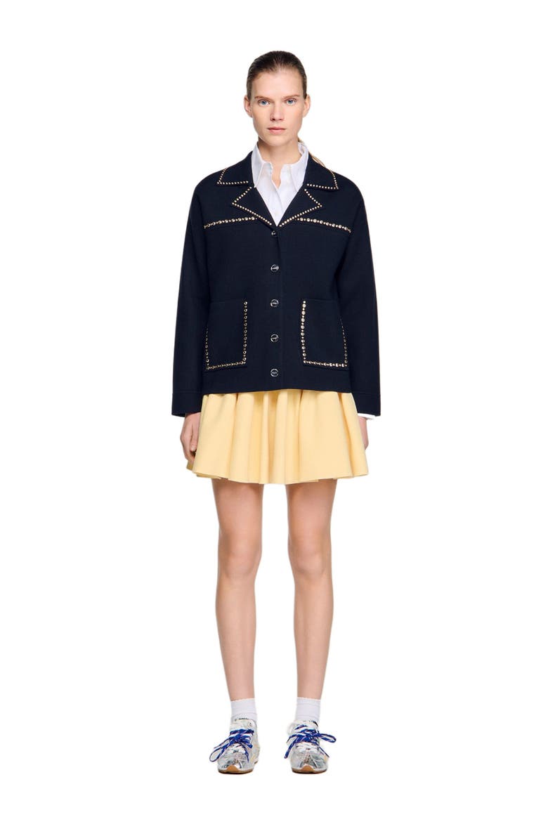 Studded blazer collar cardigan, Alternate, color, Navy blue