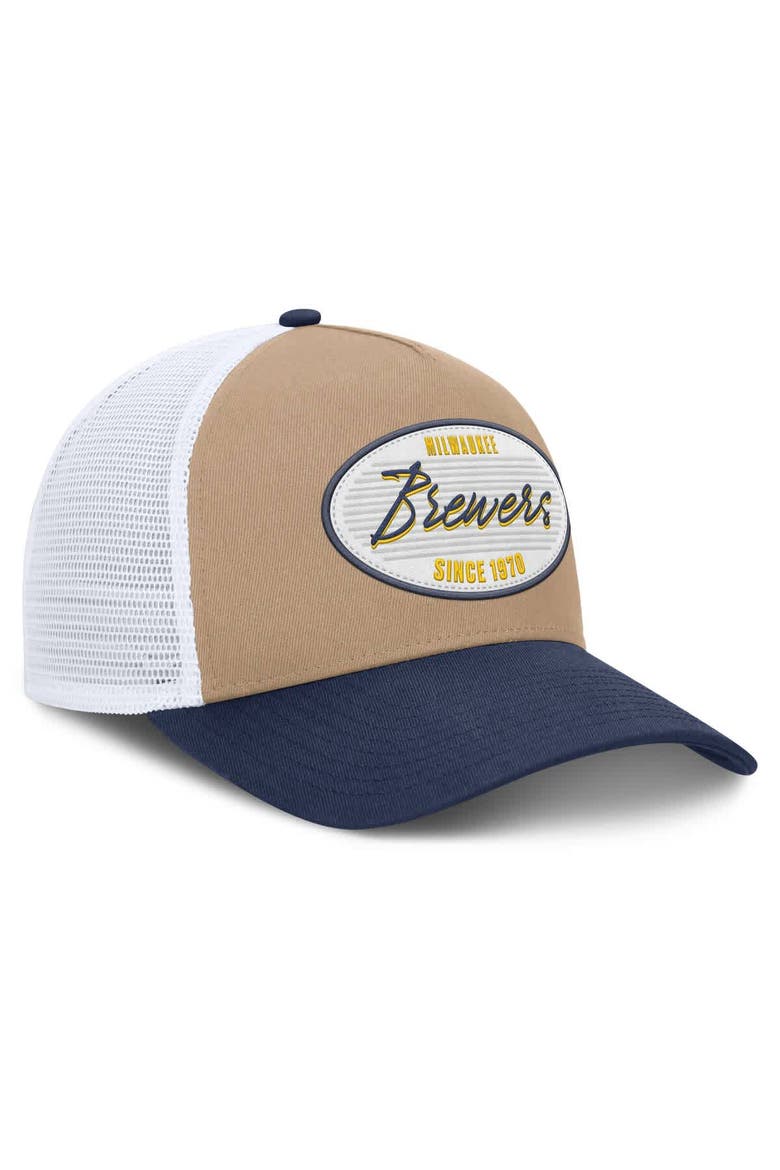 Men's Nike  Khaki/Navy Milwaukee Brewers Rise A-Frame Trucker Adjustable Hat, Alternate, color, Khaki