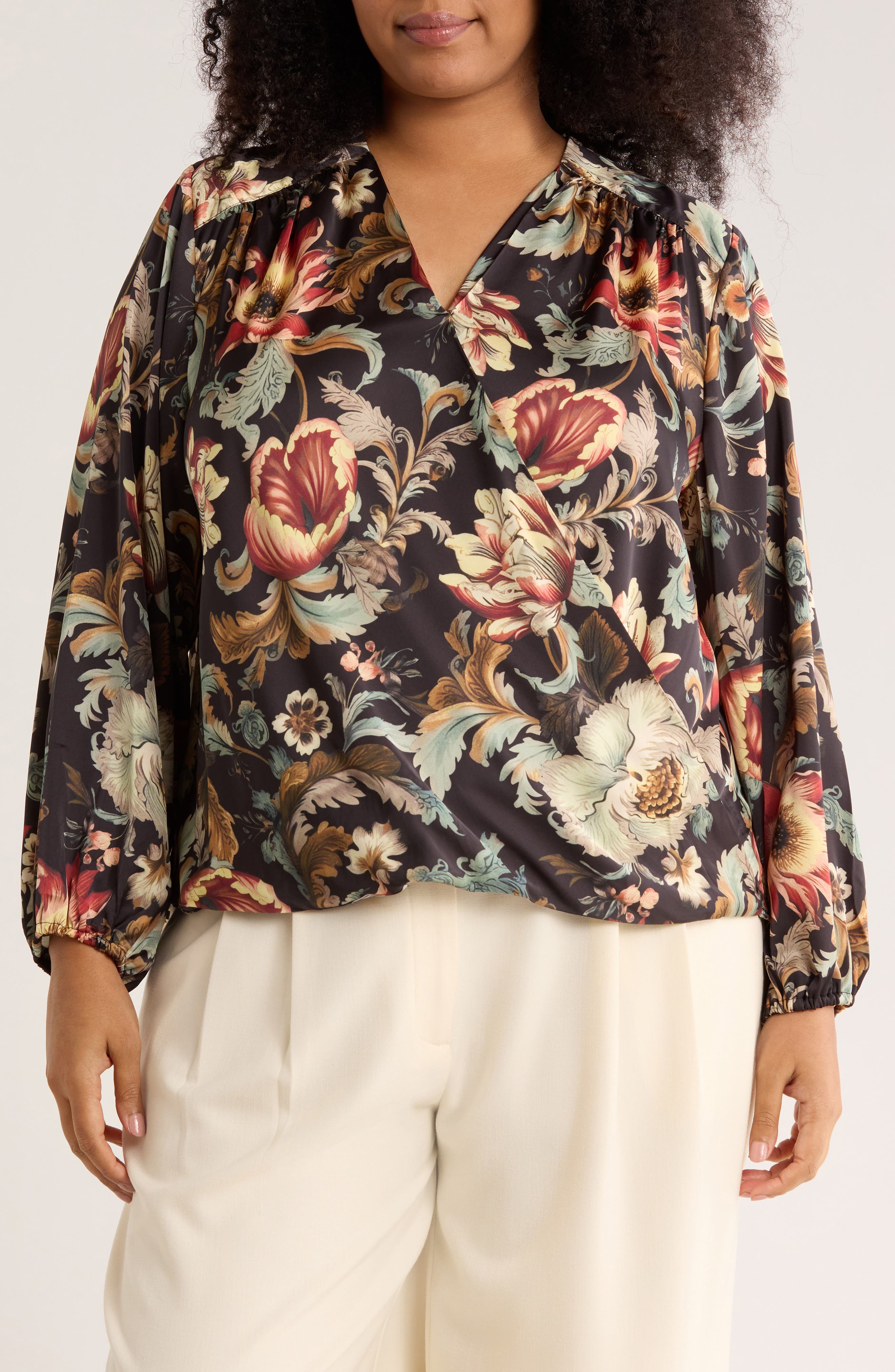 T Tahari Long Sleeve Faux Wrap Top