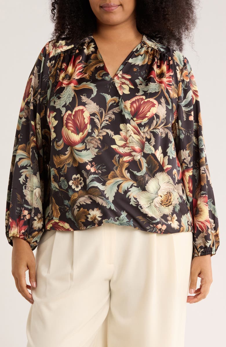 T Tahari Long Sleeve Faux Wrap Top, Main, color, Black Floral Print