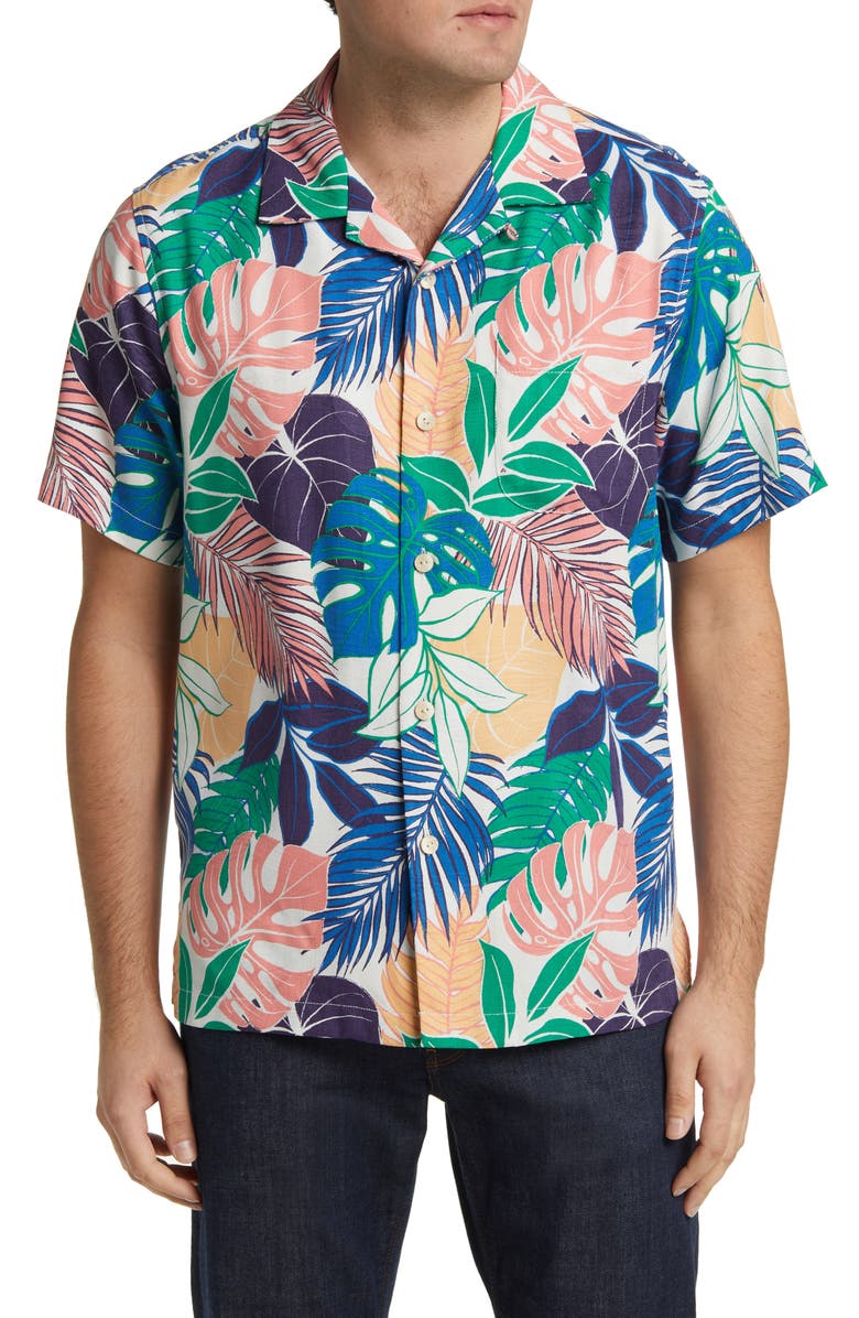 Tommy Bahama Garden Grove Print Silk Blend Short Sleeve Button-Up Shirt, Main, color, 
