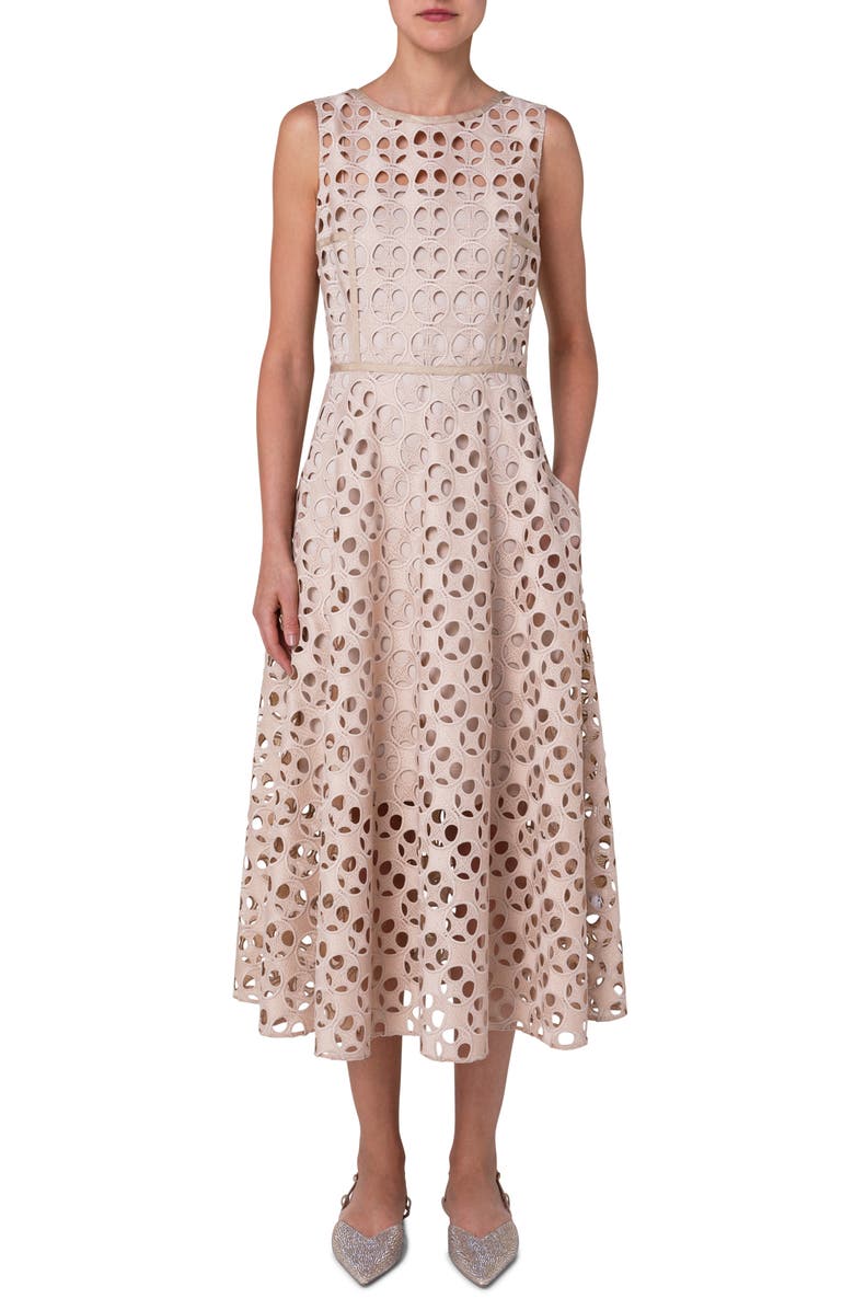Akris punto Circle Cutout Sleeveless Midi Dress, Alternate, color, Sand
