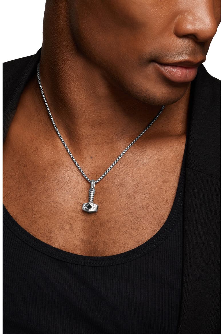 Thor Hammer Amulet in Sterling Silver with Black Diamonds, 25mm, Alternate, color, SILVER PAVE