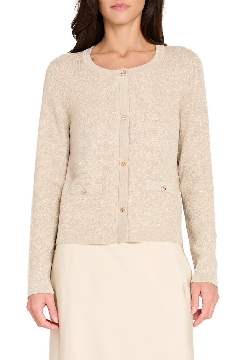 Metallic Sparkle Bow Button Cardigan, Main, color, CHAMPAGNE