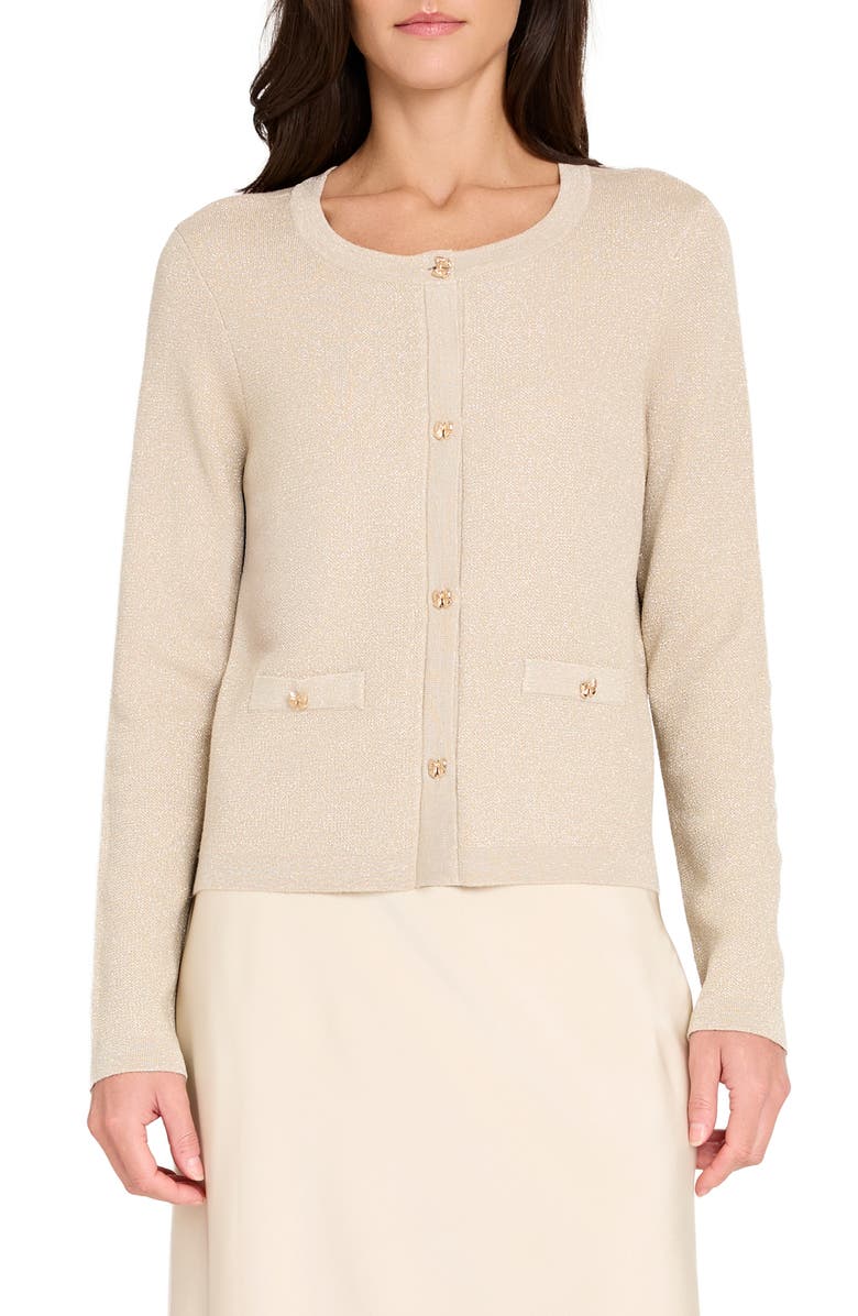 Tahari ASL Metallic Sparkle Bow Button Cardigan, Main, color, Champagne