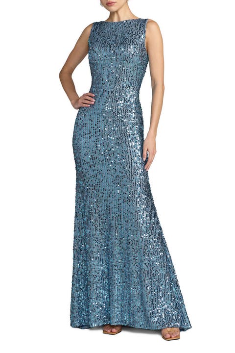 Petite Sequin Sleeveless Draped Back Evening Gown