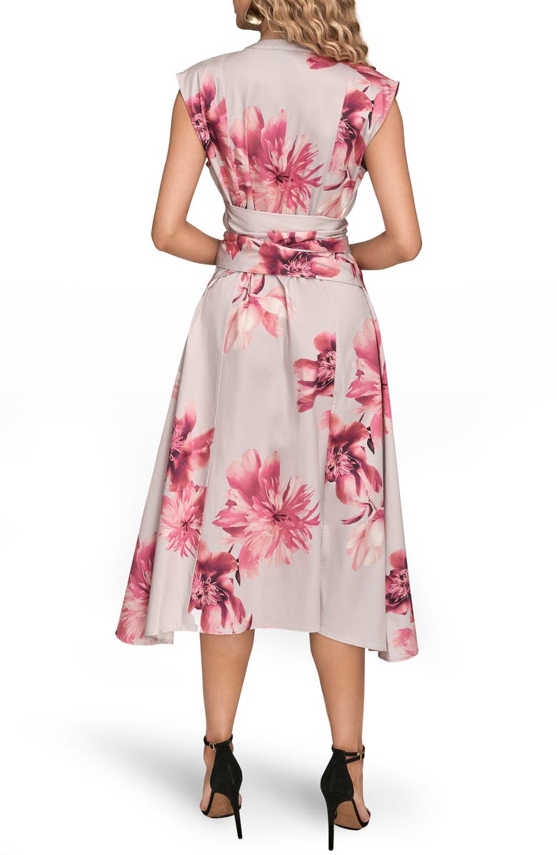 Donna Karan New York Floral Tie Front Cap Sleeve Stretch Cotton Shirtdress, Alternate, color, Pink Sands Multi