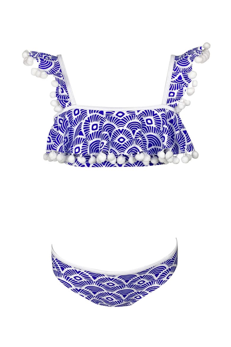 Kids' Batik Print Pompom Detail Ruffle Two-Piece Swimsuit, Main, color, Blue
