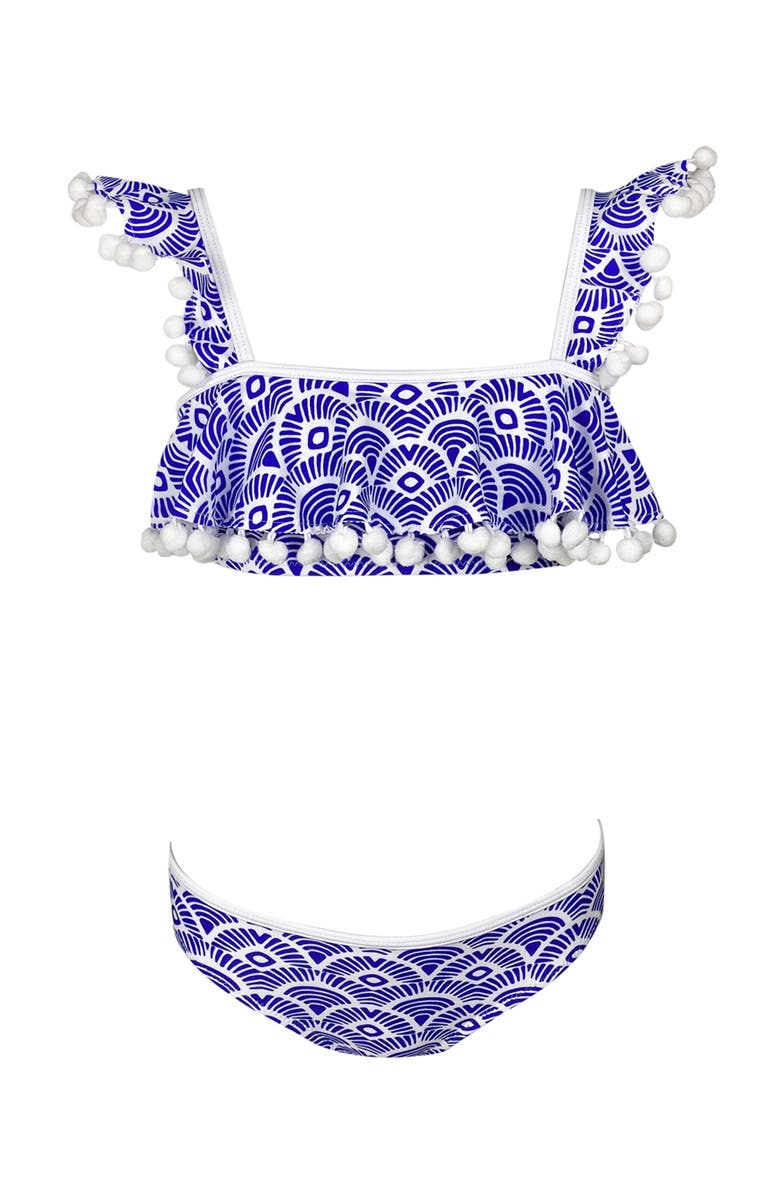 NESSI BYRD Kids' Batik Print Pompom Detail Ruffle Two-Piece Swimsuit, Main, color, Blue