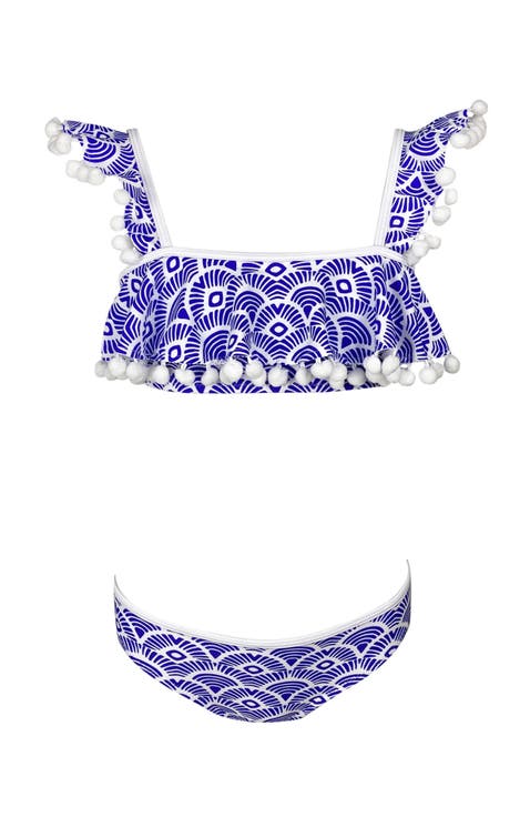 Kids' Batik Print Pompom Detail Ruffle Two-Piece Swimsuit