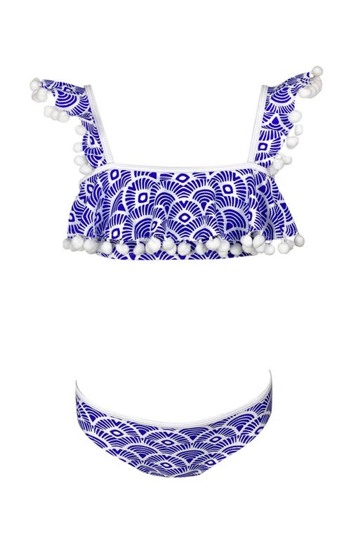 NESSI BYRD Kids' Batik Print Pompom Detail Ruffle Two-Piece Swimsuit in Blue  product
