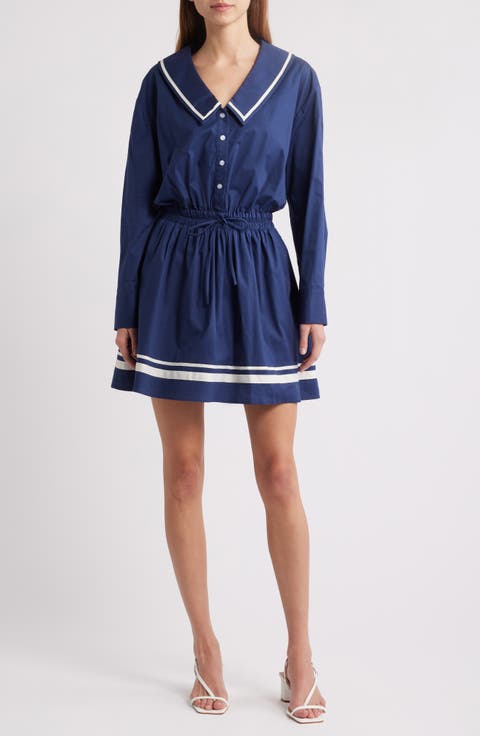 Border Print Long Sleeve Stretch Cotton Dress