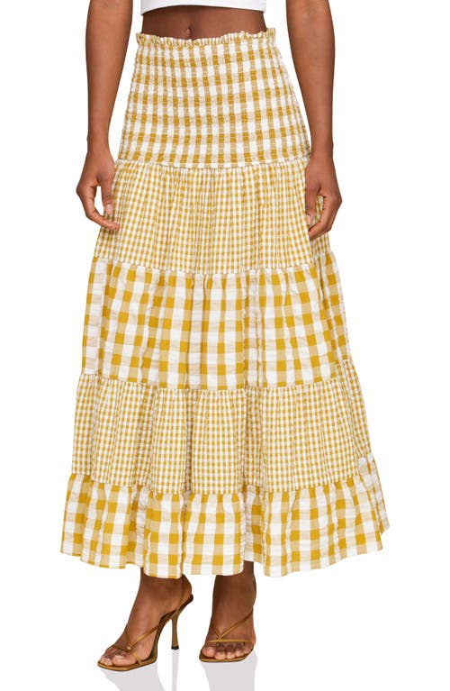 Avec Les Filles Mixed Print Tiered Cotton Gingham Maxi Skirt In Olio Gingham