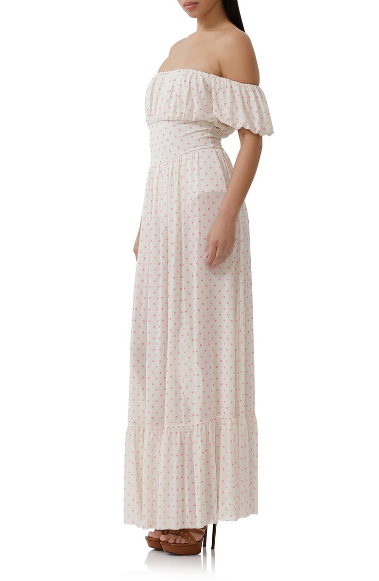 AFRM Moreno Off the Shoulder Maxi Dress, Alternate, color, Coral Micro Dot