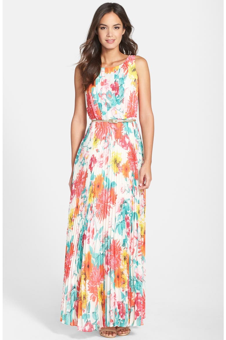 Belted Floral Print Chiffon Maxi Dress, Main, color, PRINT