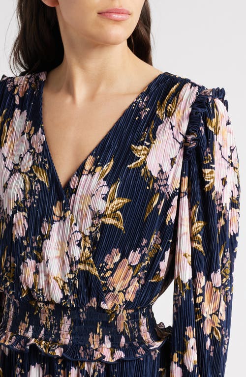 Chelsea28 Plissé Smocked Waist Long Sleeve Minidress In Navy- Purple Sydney Floral