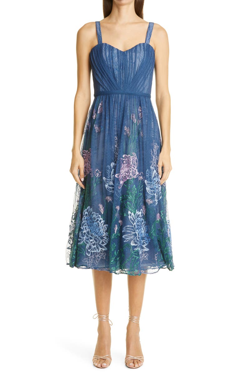 Marchesa Notte Embroidered Mesh Midi Cocktail Dress, Main, color,