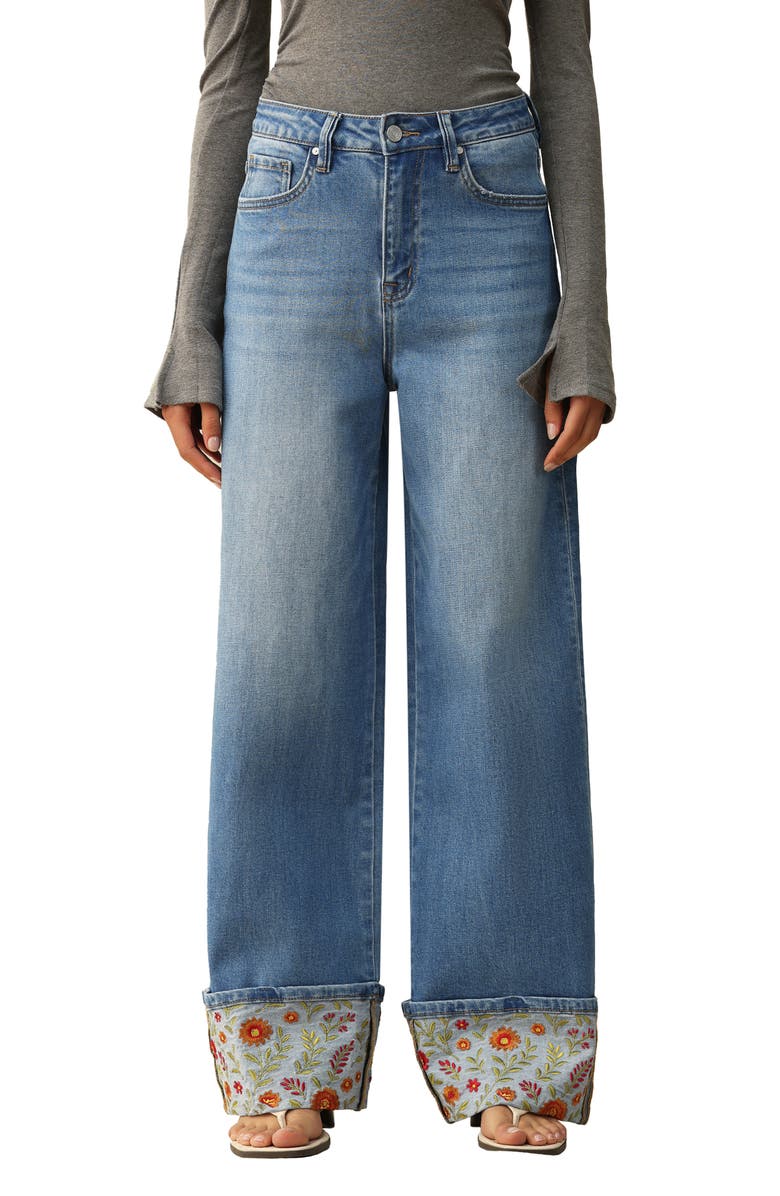Bayeas Floral Embroidered High Waist Cuffed Wide Leg Jeans, Main, color, Medium Blue