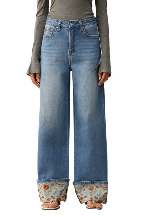 Floral Embroidered High Waist Cuffed Wide Leg Jeans