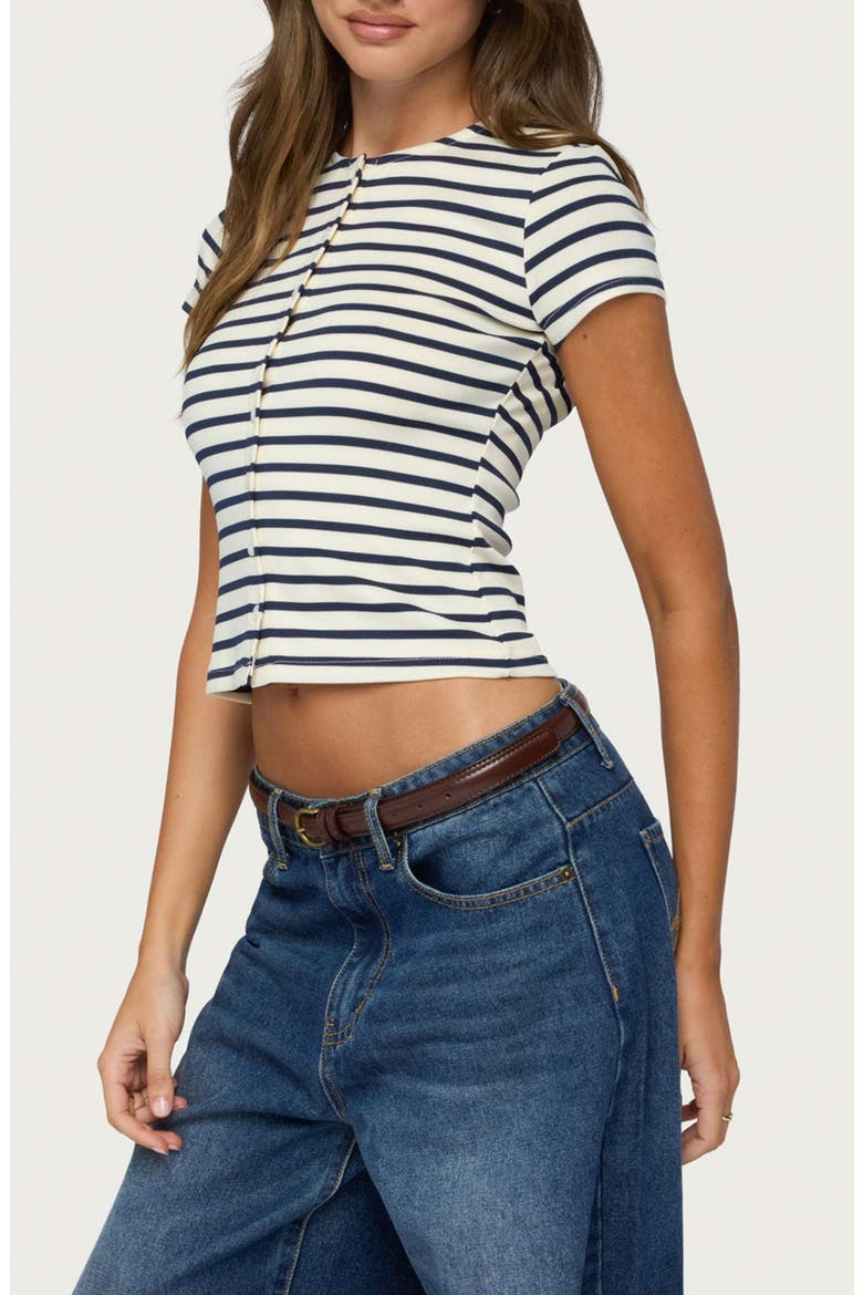 Bonita Stripe Button-Up Crop Top, Alternate, color, CREAM-AND-NAVY