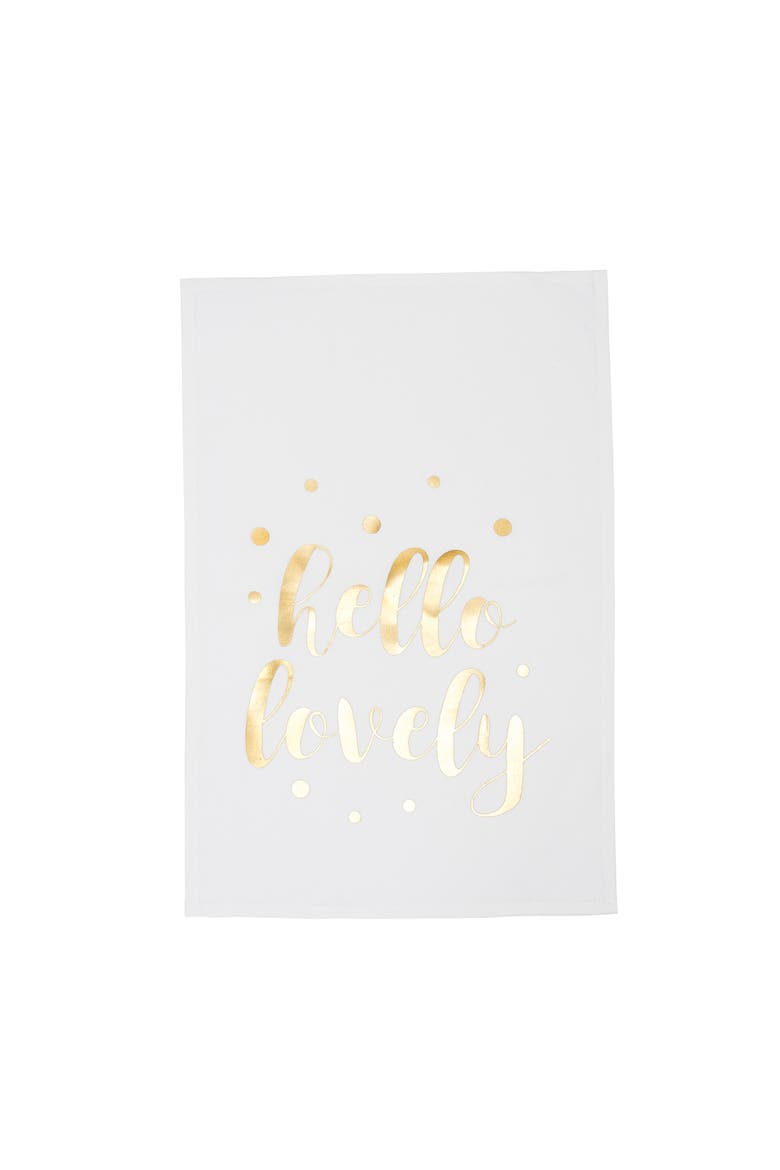 Gold Glamourous Glam "Hello Lovely" Printed Valentine's Day Dishtowel, Main, color, White
