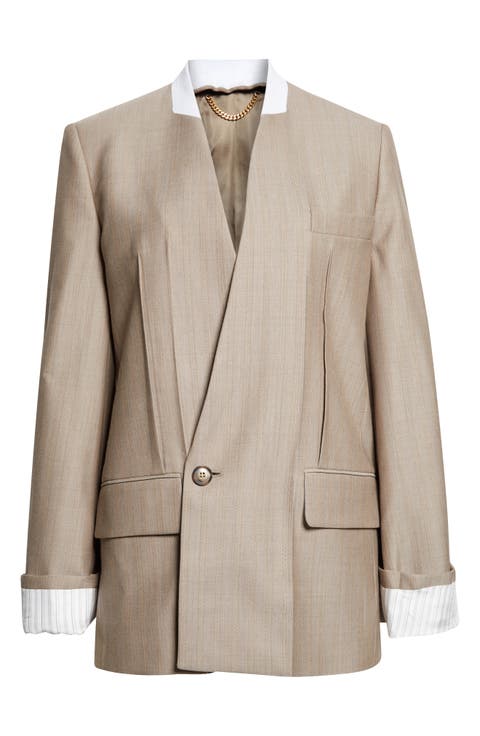 Collarless Virgin Wool Herringbone Blazer