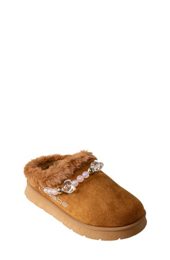 Bebe Kids' Beaded Faux Fur Slipper In Cognac