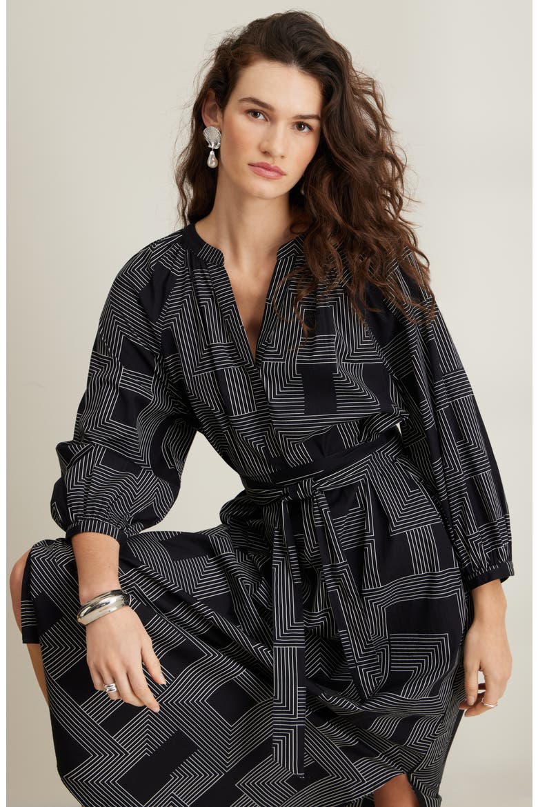 Long Sleeve Belted Cotton Poplin Maxi Dress, Alternate, color, BLACK- IVORY STRIPE MIX