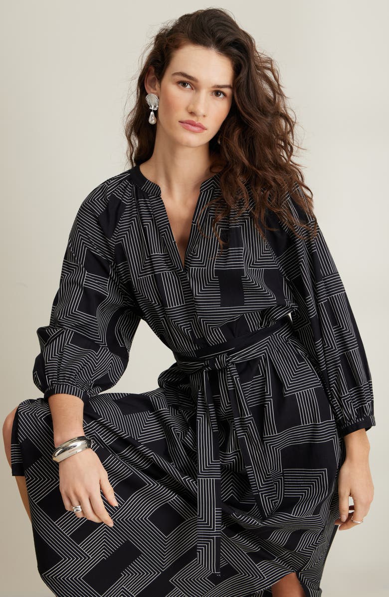 Nordstrom Long Sleeve Belted Cotton Poplin Maxi Dress, Alternate, color, Black- Ivory Stripe Mix