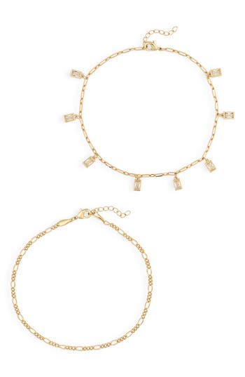 Nordstrom Rack Set Of 2 Baguette Cubic Zirconia & Figaro Chain Anklets In Gold