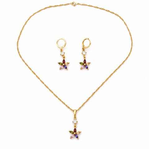 18K Gold-Plated Multicolor Floral Pendant Necklace and Drop Earring Set