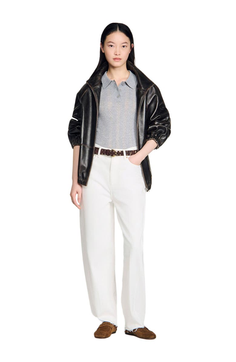 SANDRO Pointelle polo-neck wool sweater, Alternate, color, Grey