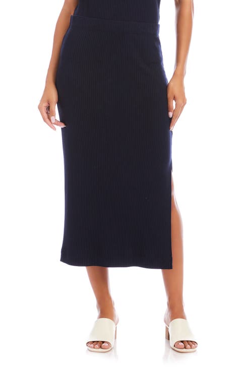 Rib Side Slit Midi Skirt