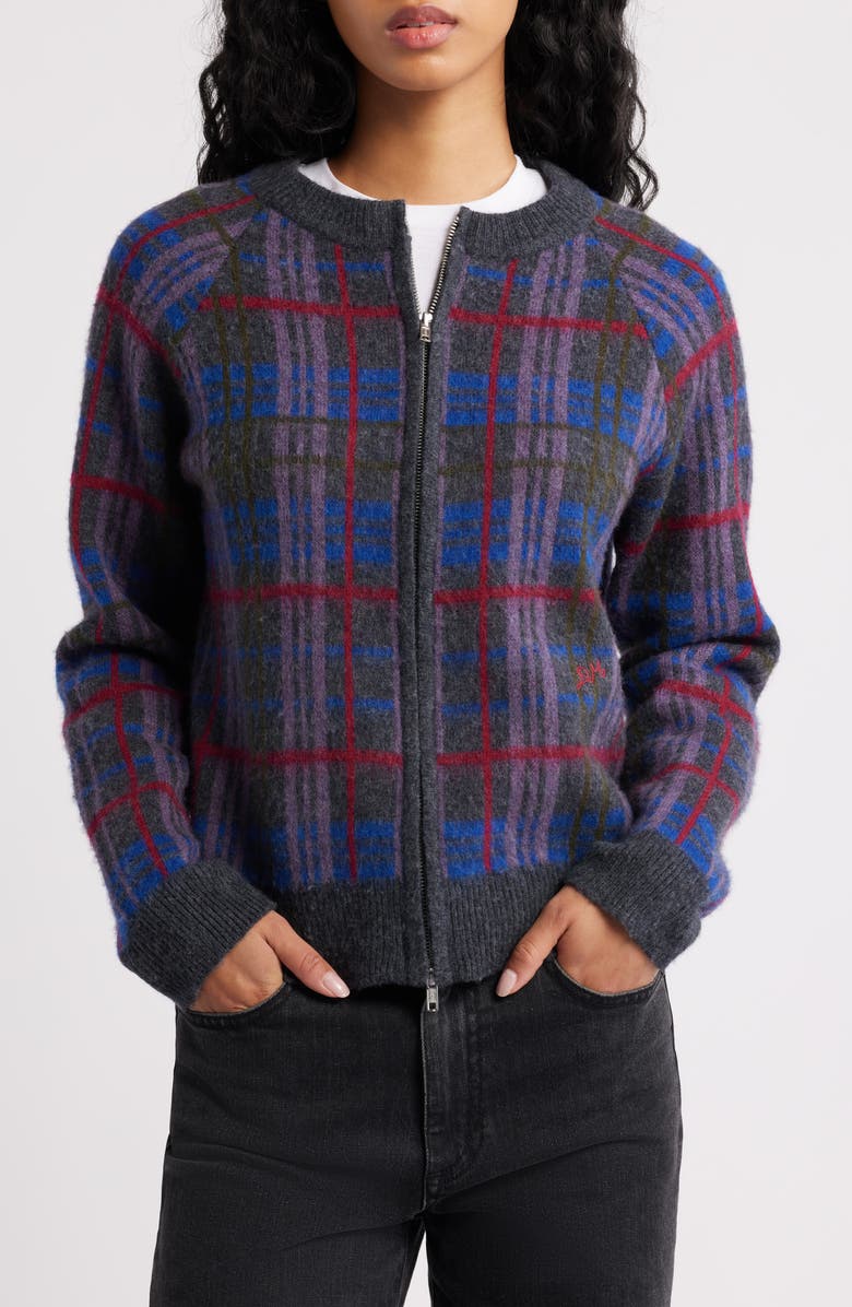 Damson Madder Minah Brushed Check Merino Wool Zip Cardigan, Alternate, color, Grey Multi