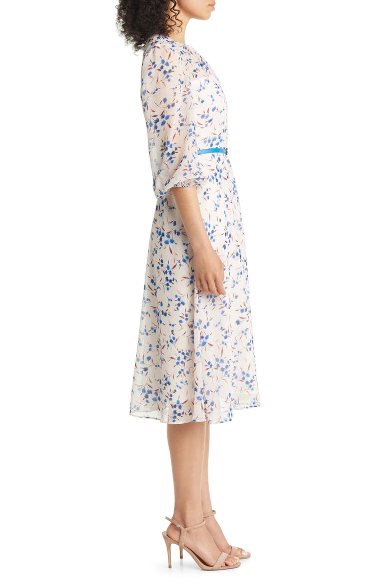 Floral Print Belted Midi Dress, Alternate, color, IVORY