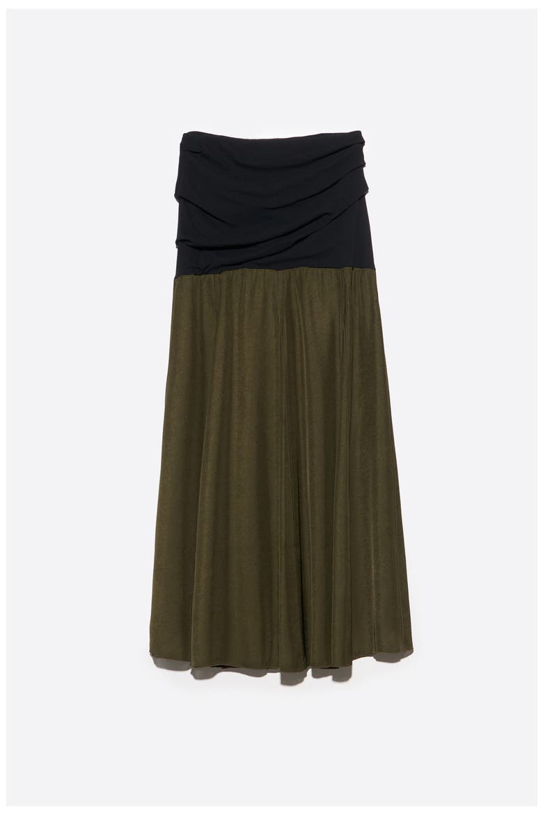 Mixed-Fabric A-Line Midi Skirt, Alternate, color, BLACK