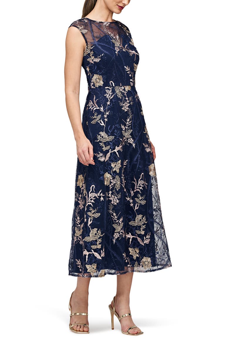 JS Collections Brynn Floral Embroidered Mesh Dress, Alternate, color, Navy/ Blush