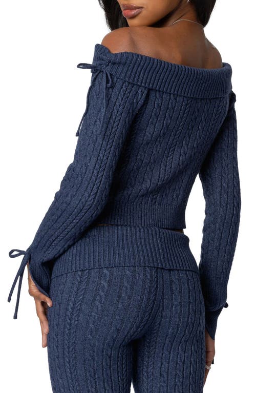 Edikted Chase Foldover Off The Shoulder Bow Trim Sweater In Navy