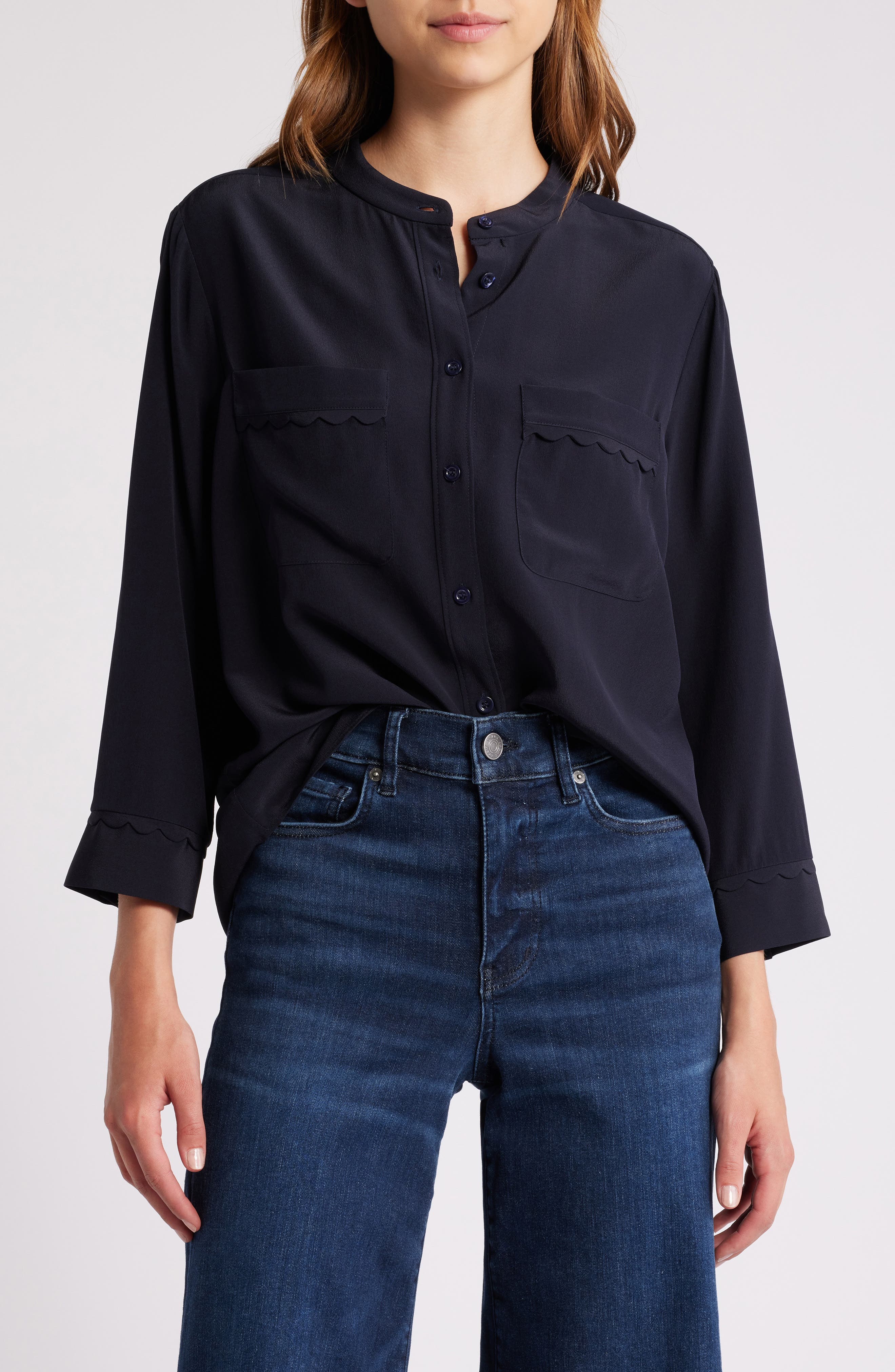 FRAME Scallop Trim Silk Button-Up Shirt