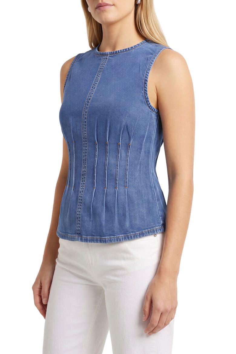 Pintucked Stretch Denim Peplum Top, Alternate, color, SOHO WASH