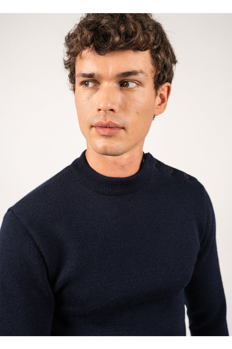 MATELOT - Wool Fisherman Sweater with Button Shoulder, Alternate, color, Navy