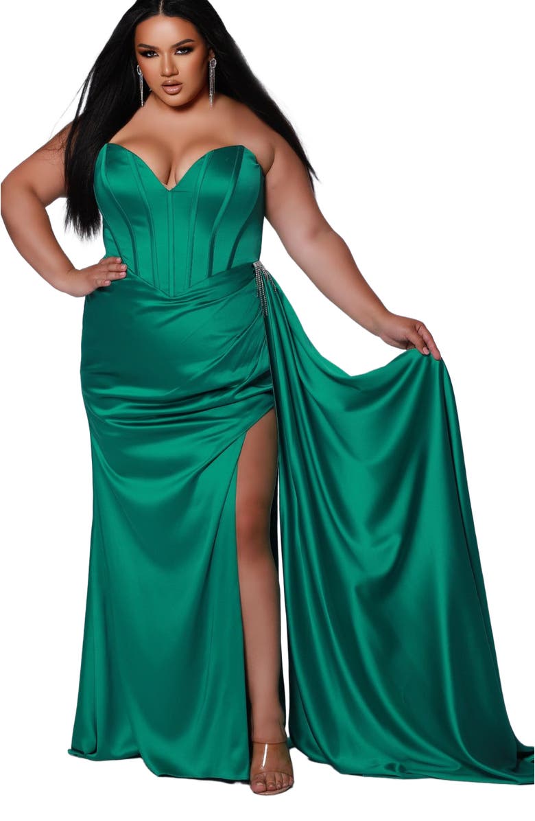 Johnathan Kayne for Sydney's Closet Plus Size Fringe Off the Shoulder Corset Satin Gown Over Skirt Slit, Main, color, Kelly Green