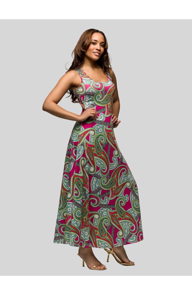 24seven Comfort Apparel Hot Pink Paisley Print Scoop Neck A-Line Sleeveless Maxi Dress, Main, color, Pink Multi