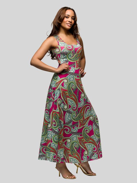 Hot Pink Paisley Print Scoop Neck A-Line Sleeveless Maxi Dress