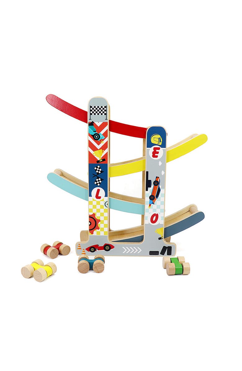 Leo & Friends Wooden Ramp Racer Track with 4 Race Cars Included, Main, color, Red