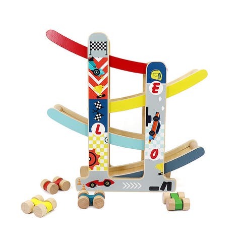 Wooden Ramp Racer Track with 4 Race Cars Included