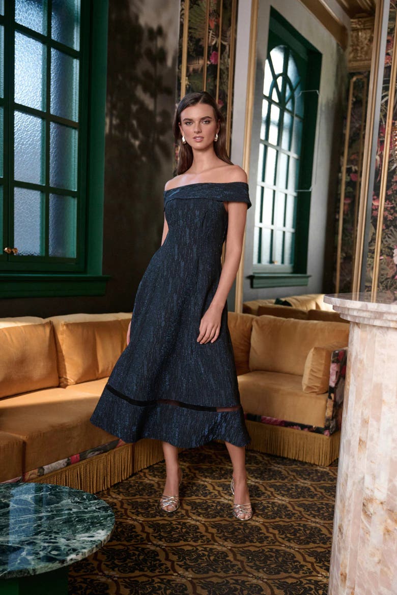 Foil-Textured Jacquard Off-Shoulder Fit and Flare Dress, Alternate, color, Navy