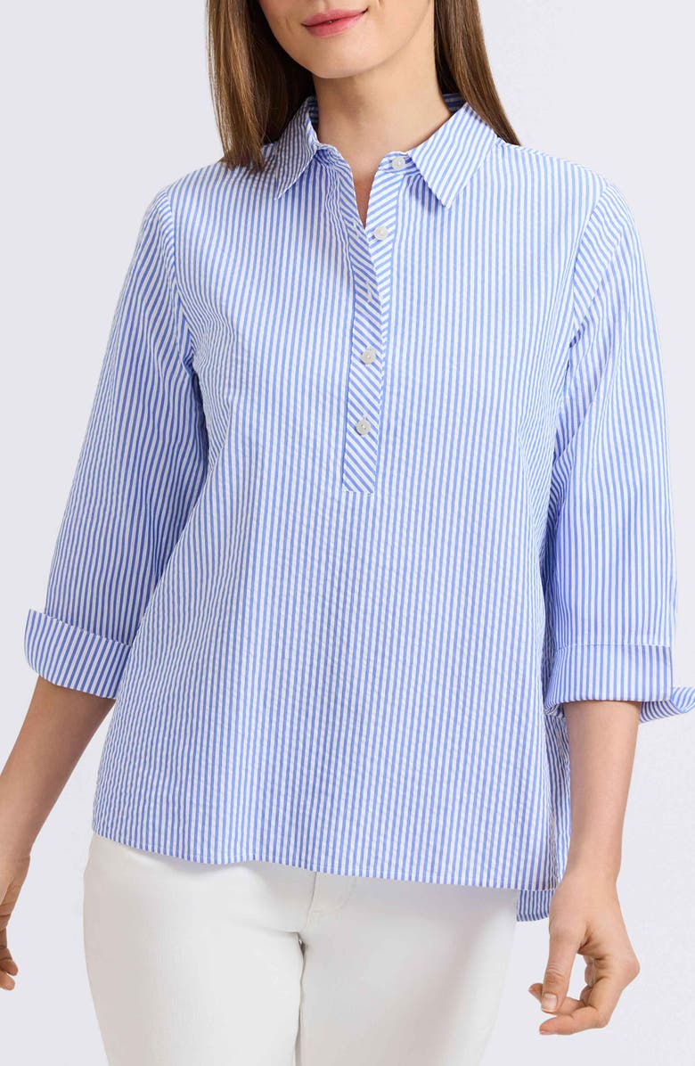 Foxcroft Therese Stripe Button Back Cotton Seersucker Popover Shirt, Main, color, 