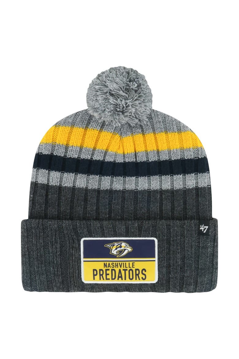 Men's '47 Gray Nashville Predators Stack Patch Cuffed Knit Hat with Pom, Main, color, Gray