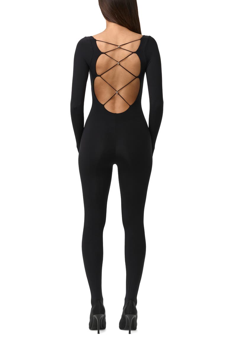 Tie Back Long Sleeve Jumpsuit, Alternate, color, BLACK